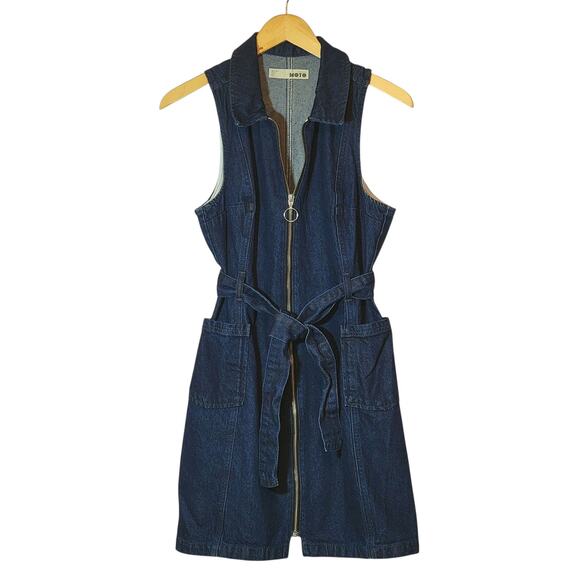 TOPSHOP MOTO Blue Denim Mini Dress Sleeveless Zip Up Front Belted Tie Waist 10 - Picture 13 of 13